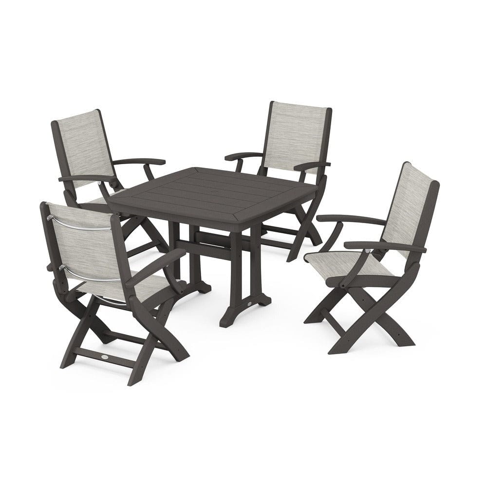 POLYWOOD® Outdoor Furniture Vintage Coffee / Birch Sling POLYWOOD® - Coastal Folding Chair 5-Piece Dining Set with Trestle Legs - PWS967