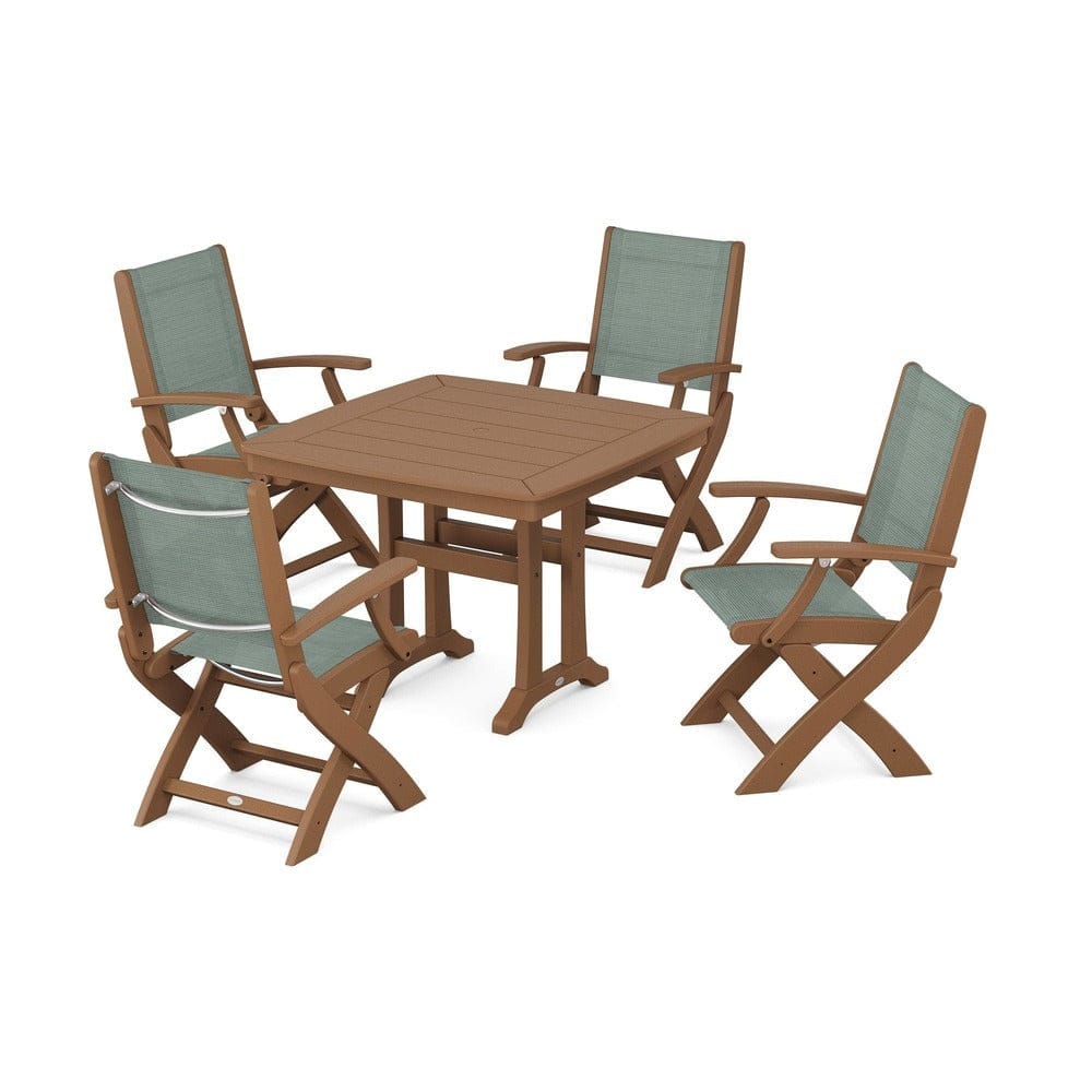 POLYWOOD® Outdoor Furniture Teak / Dupioni Sea Mist Sling POLYWOOD® - Coastal Folding Chair 5-Piece Dining Set with Trestle Legs - PWS967