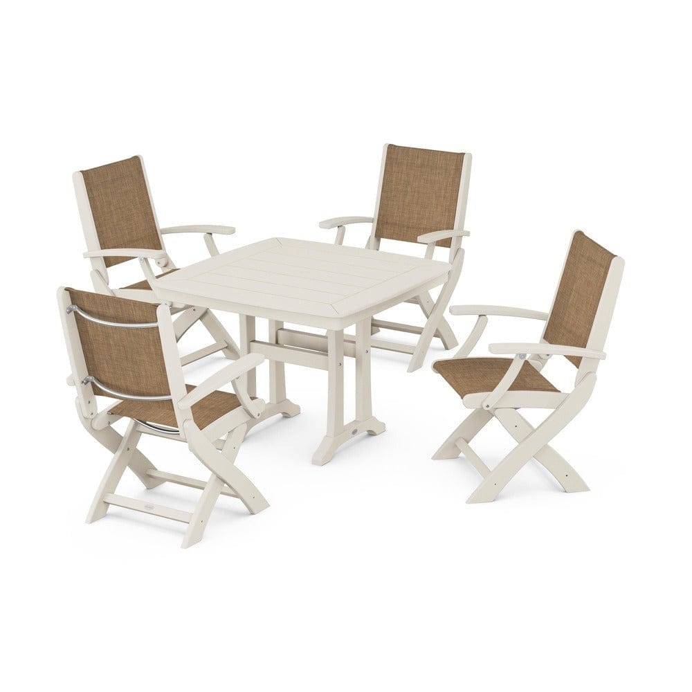 POLYWOOD® Outdoor Furniture Sand / Burlap Sling POLYWOOD® - Coastal Folding Chair 5-Piece Dining Set with Trestle Legs - PWS967