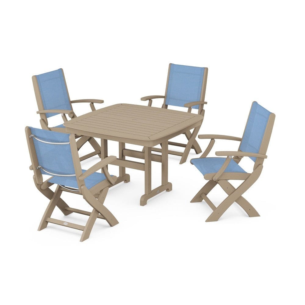 POLYWOOD® Outdoor Furniture Vintage Sahara / Poolside Sling POLYWOOD® - Coastal Folding Chair 5-Piece Dining Set - PWS915