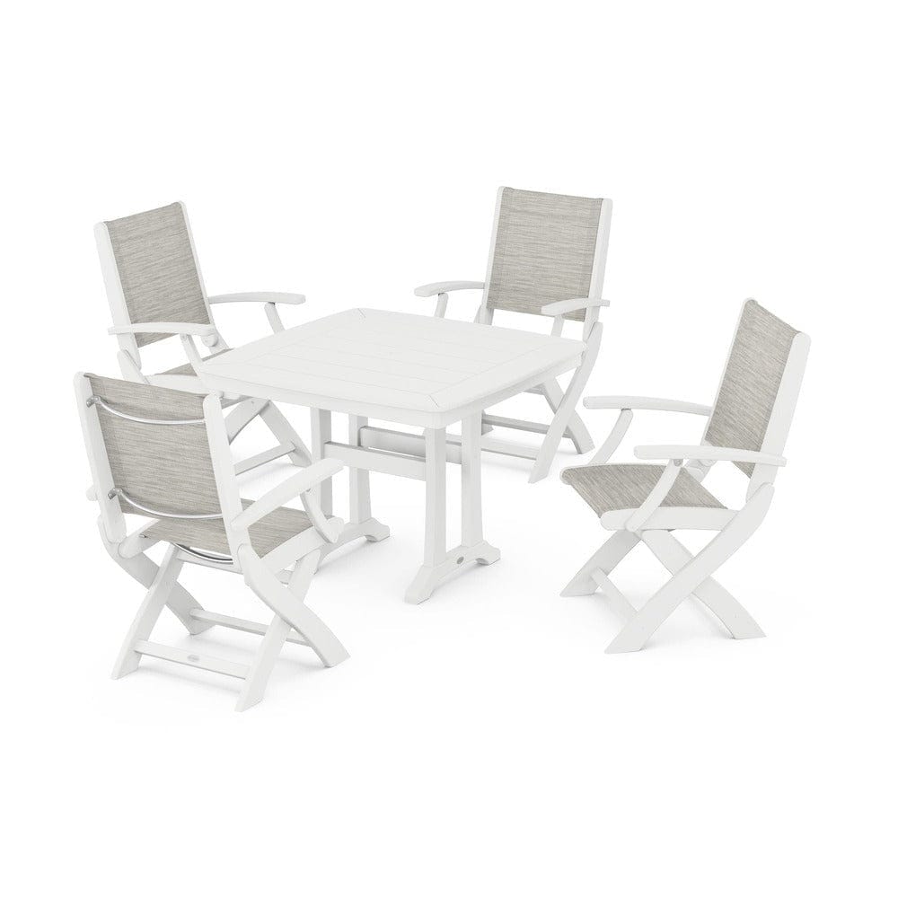 POLYWOOD® Outdoor Furniture White / Birch Sling POLYWOOD® - Coastal Folding Chair 5-Piece Dining Set with Trestle Legs - PWS967
