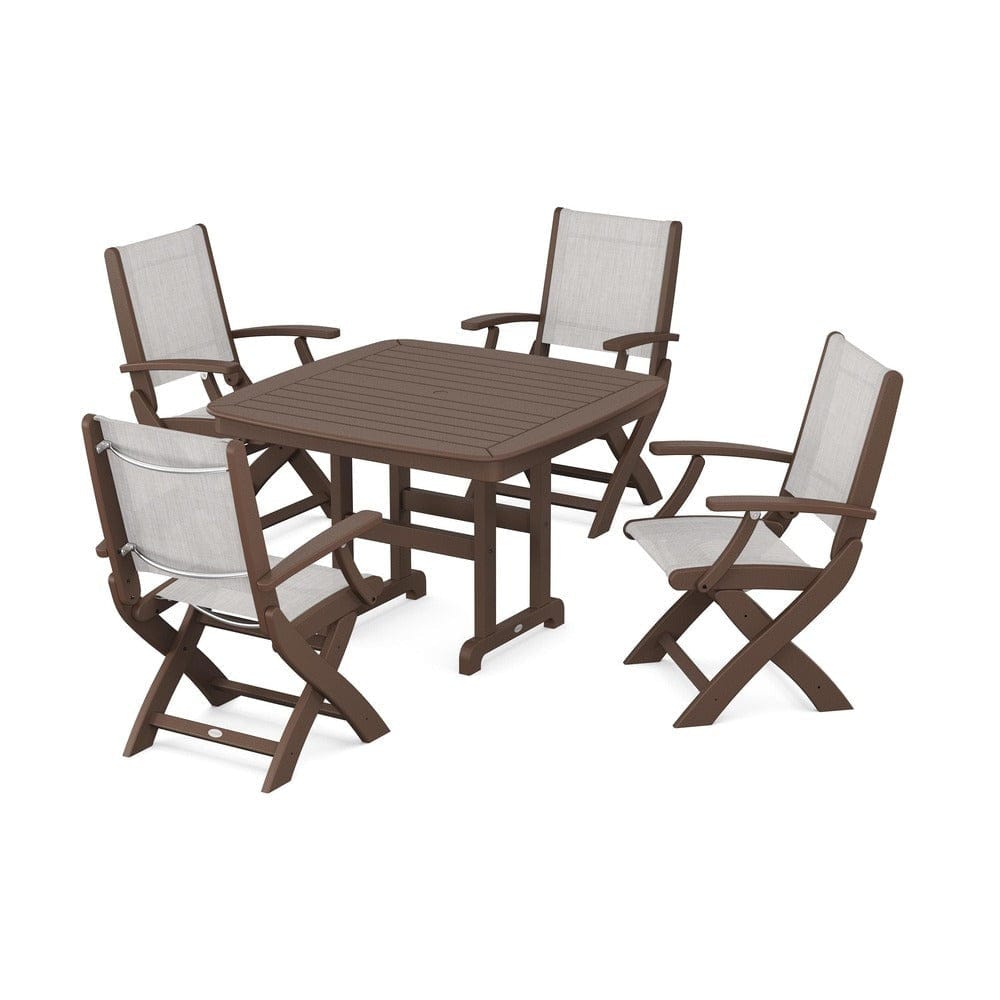 POLYWOOD® Outdoor Furniture Mahogany / Parchment Sling POLYWOOD® - Coastal Folding Chair 5-Piece Dining Set - PWS915