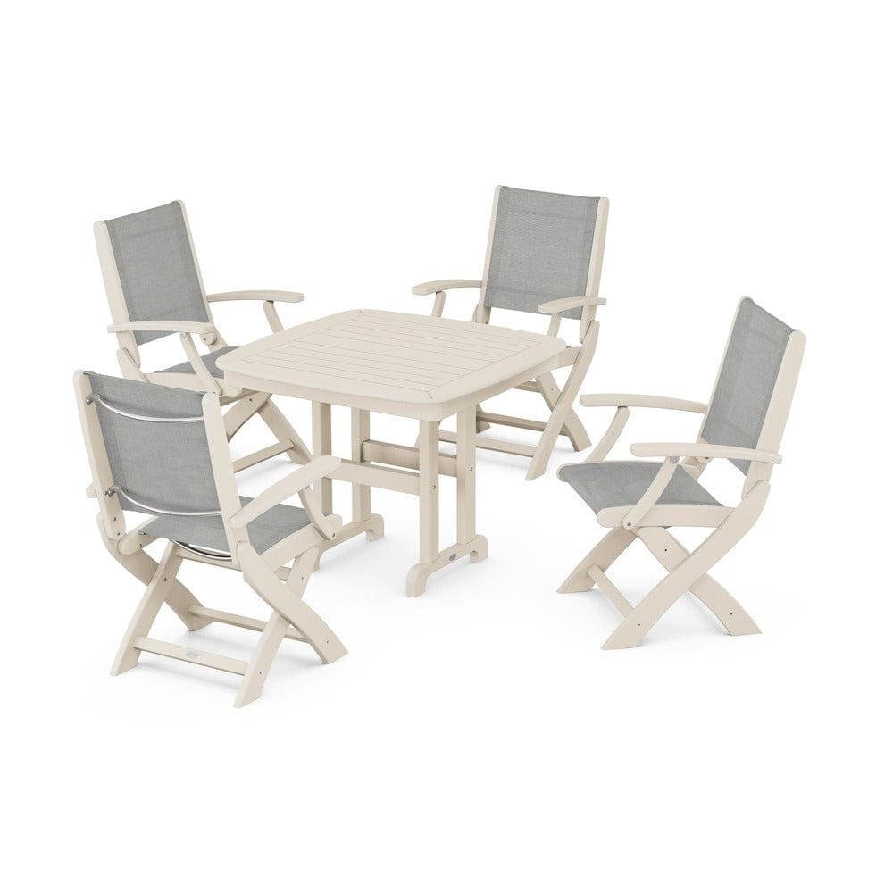POLYWOOD® Outdoor Furniture Sand / Metallic Sling POLYWOOD® - Coastal Folding Chair 5-Piece Dining Set - PWS1237