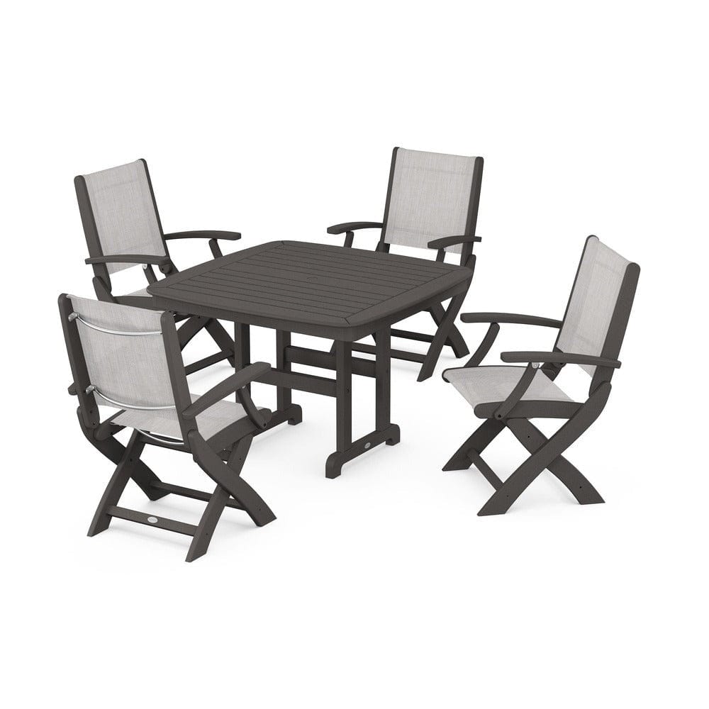 POLYWOOD® Outdoor Furniture Vintage Coffee / Parchment Sling POLYWOOD® - Coastal Folding Chair 5-Piece Dining Set - PWS915