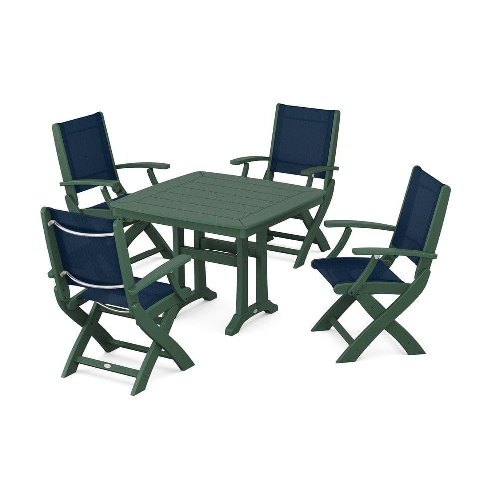 POLYWOOD® Outdoor Furniture Green / Navy Blue Sling POLYWOOD® - Coastal Folding Chair 5-Piece Dining Set with Trestle Legs - PWS967