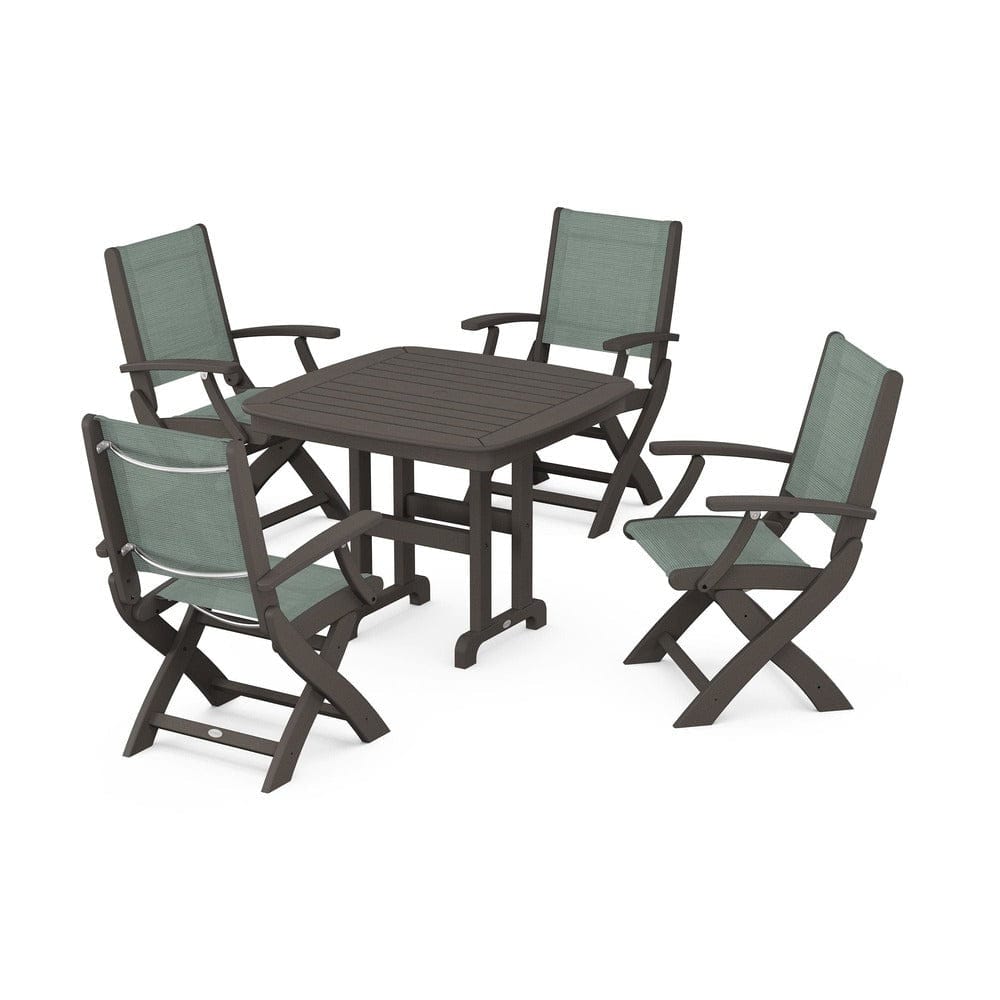 POLYWOOD® Outdoor Furniture Vintage Coffee / Dupioni Sea Mist Sling POLYWOOD® - Coastal Folding Chair 5-Piece Dining Set - PWS1237
