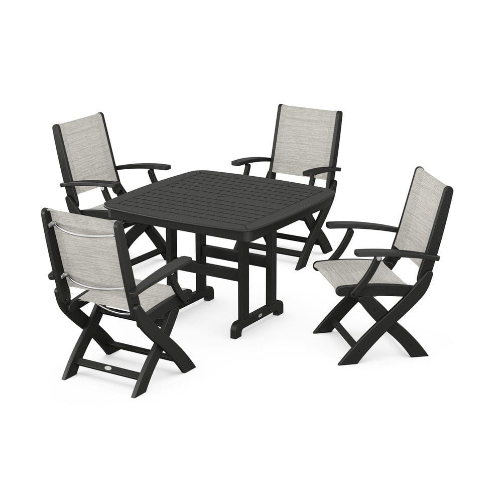 POLYWOOD® Outdoor Furniture Black / Birch Sling POLYWOOD® - Coastal Folding Chair 5-Piece Dining Set - PWS915