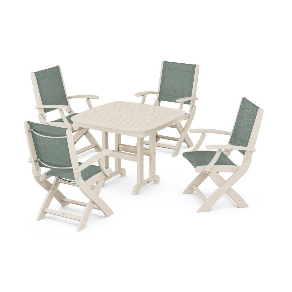 POLYWOOD® Outdoor Furniture Sand / Dupioni Sea Mist Sling POLYWOOD® - Coastal Folding Chair 5-Piece Dining Set - PWS1237