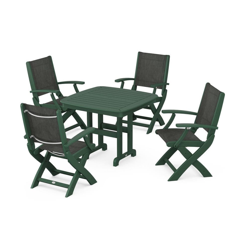 POLYWOOD® Outdoor Furniture Green / Ember Sling POLYWOOD® - Coastal Folding Chair 5-Piece Dining Set - PWS1237