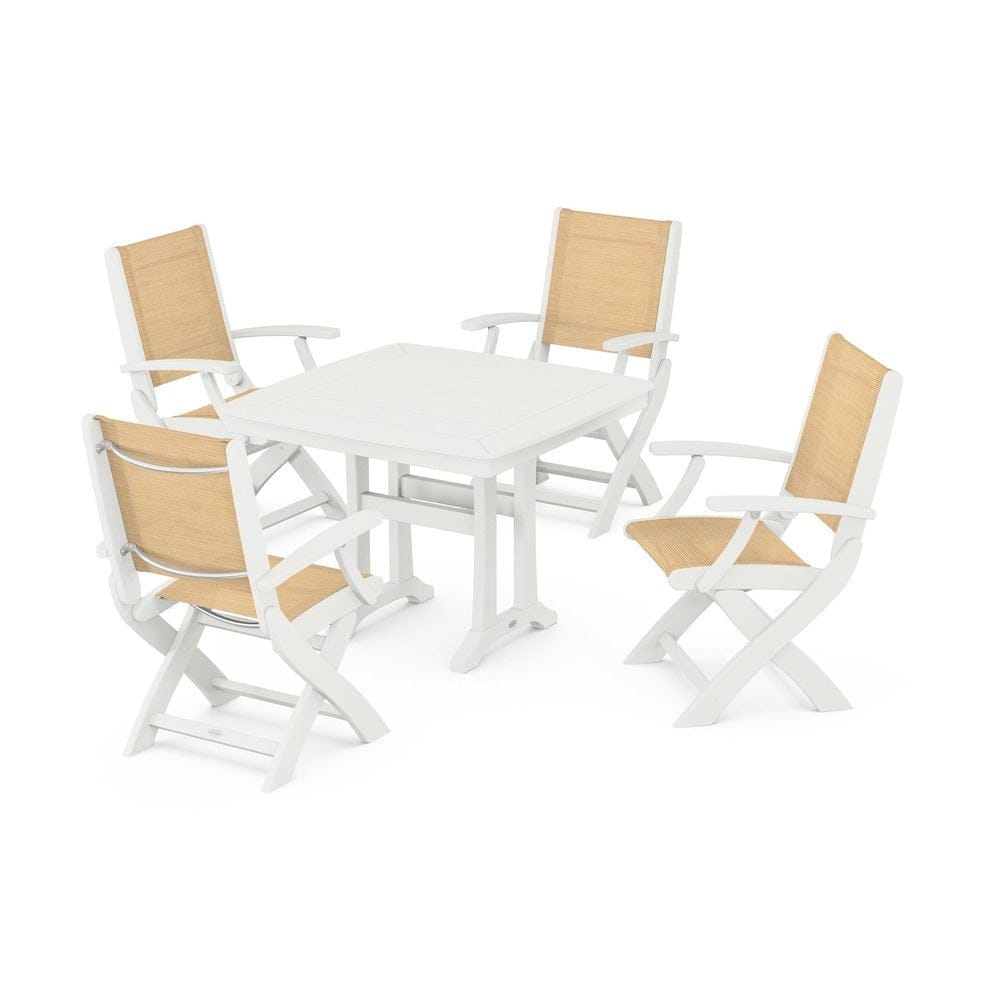 POLYWOOD® Outdoor Furniture POLYWOOD® - Coastal Folding Chair 5-Piece Dining Set with Trestle Legs - PWS967