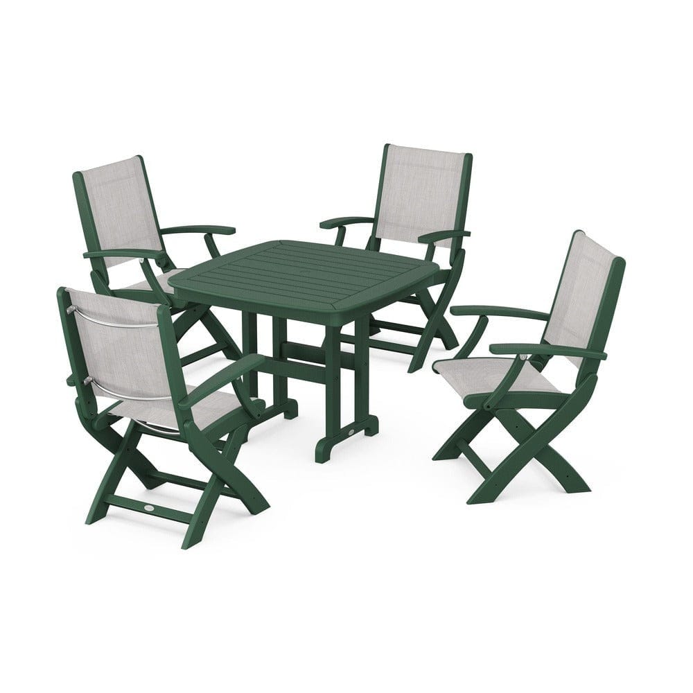 POLYWOOD® Outdoor Furniture Green / Parchment Sling POLYWOOD® - Coastal Folding Chair 5-Piece Dining Set - PWS1237