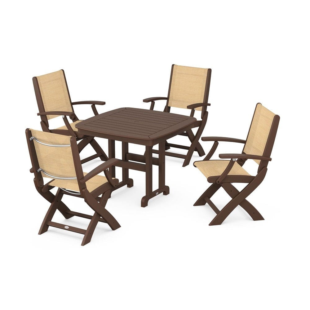 POLYWOOD® Outdoor Furniture Mahogany / Dupioni Apricot Sling POLYWOOD® - Coastal Folding Chair 5-Piece Dining Set - PWS1237