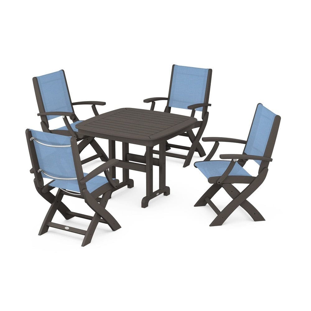 POLYWOOD® Outdoor Furniture Vintage Coffee / Poolside Sling POLYWOOD® - Coastal Folding Chair 5-Piece Dining Set - PWS1237