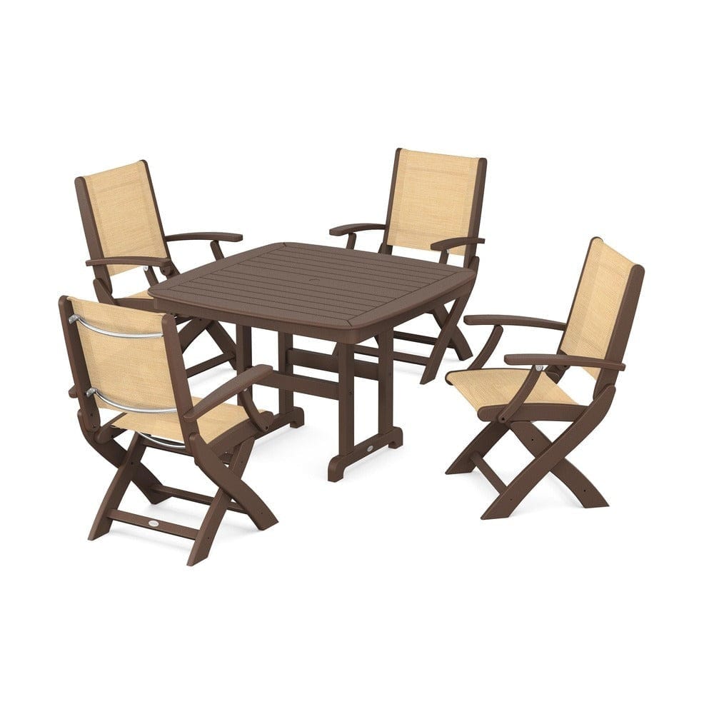 POLYWOOD® Outdoor Furniture Mahogany / Dupioni Apricot Sling POLYWOOD® - Coastal Folding Chair 5-Piece Dining Set - PWS915