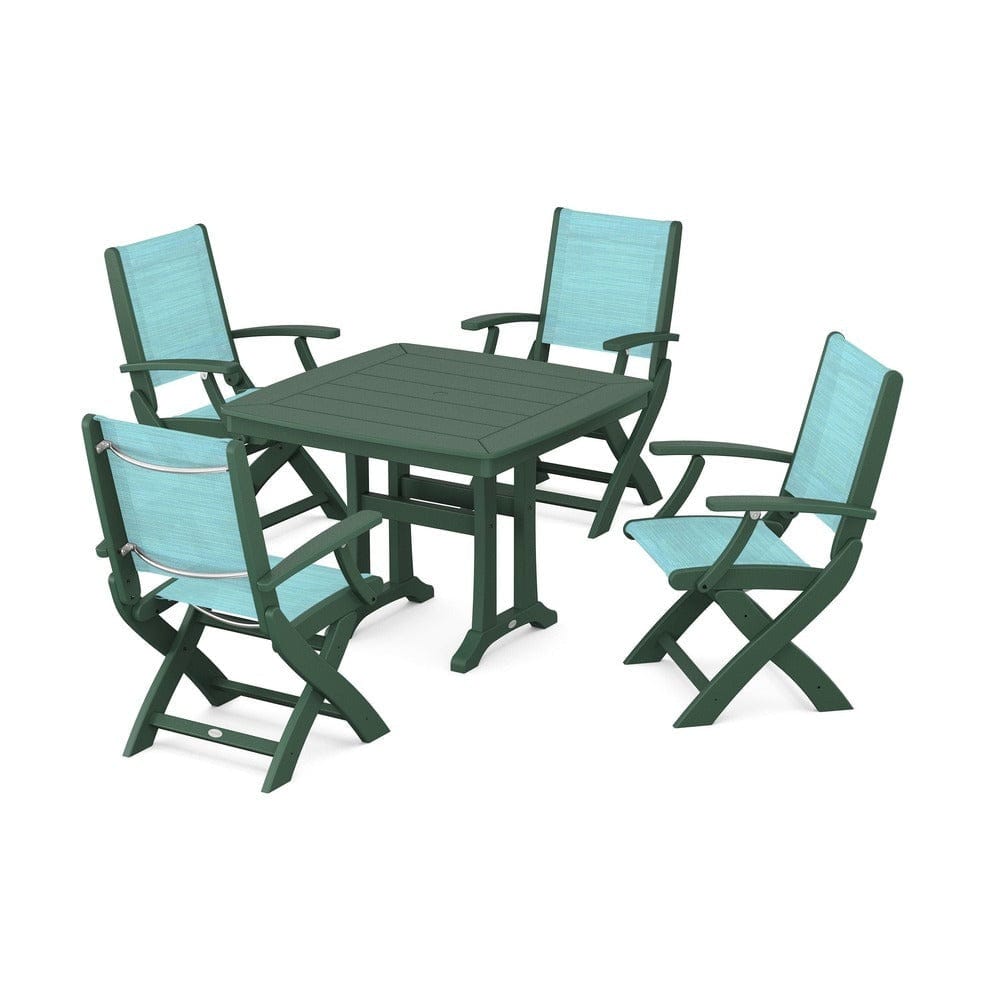 POLYWOOD® Outdoor Furniture Green / Dupioni Aquamarine Sling POLYWOOD® - Coastal Folding Chair 5-Piece Dining Set with Trestle Legs - PWS967