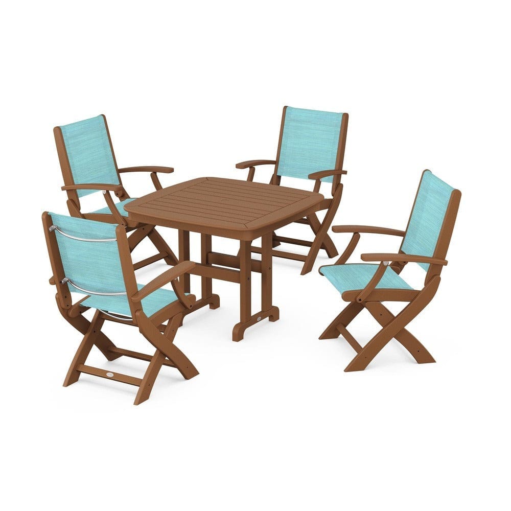 POLYWOOD® Outdoor Furniture Teak / Dupioni Aquamarine Sling POLYWOOD® - Coastal Folding Chair 5-Piece Dining Set - PWS1237