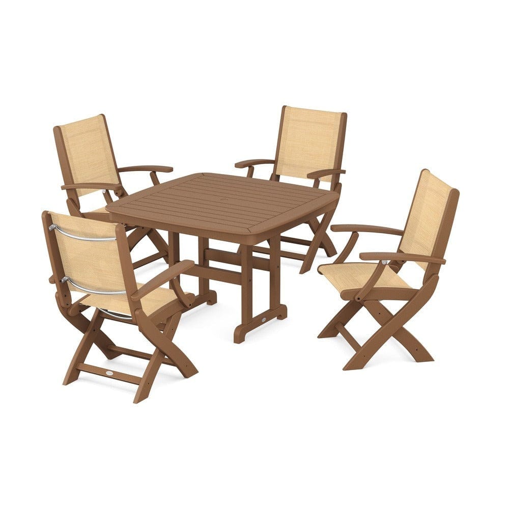 POLYWOOD® Outdoor Furniture Teak / Dupioni Apricot Sling POLYWOOD® - Coastal Folding Chair 5-Piece Dining Set - PWS915