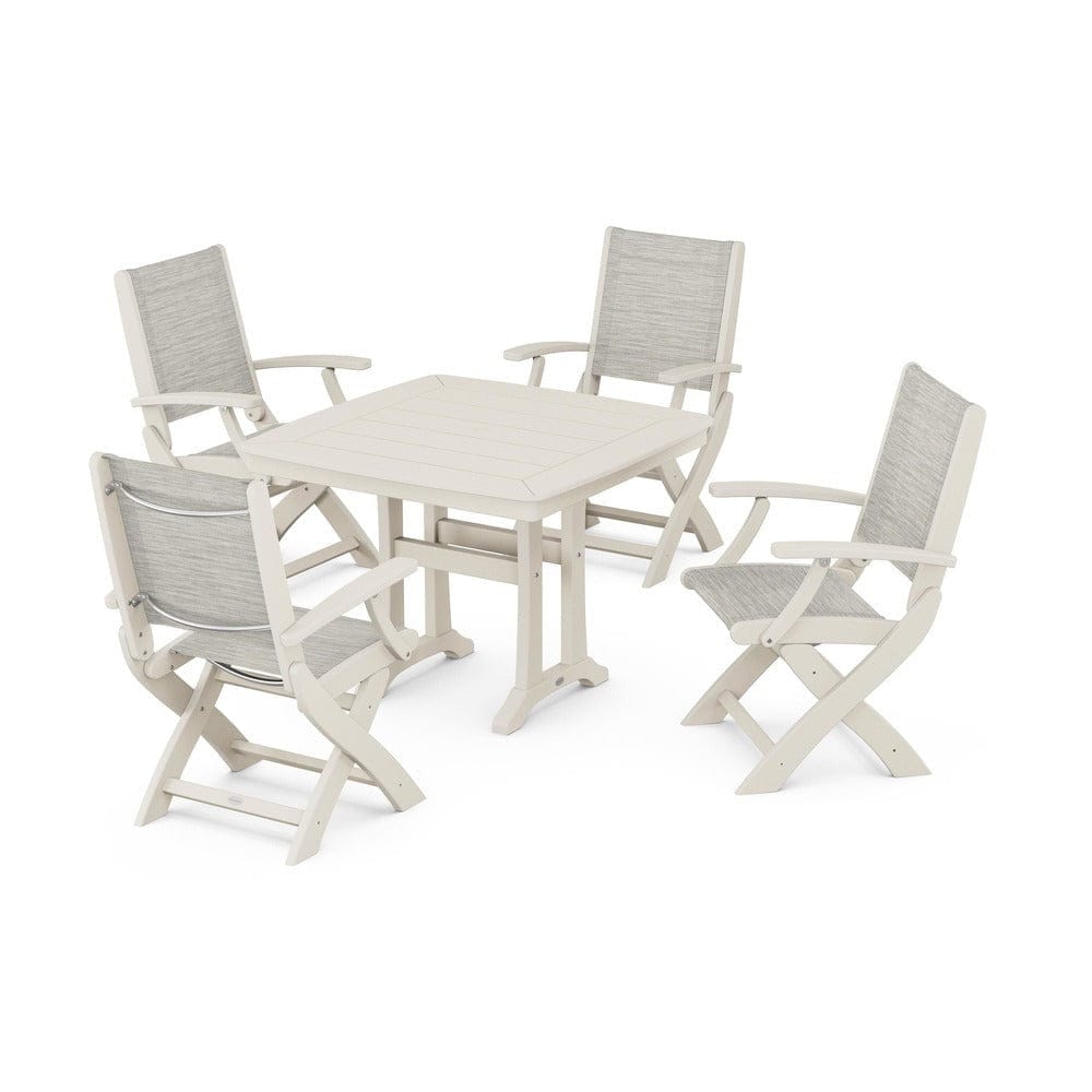 POLYWOOD® Outdoor Furniture Sand / Birch Sling POLYWOOD® - Coastal Folding Chair 5-Piece Dining Set with Trestle Legs - PWS967