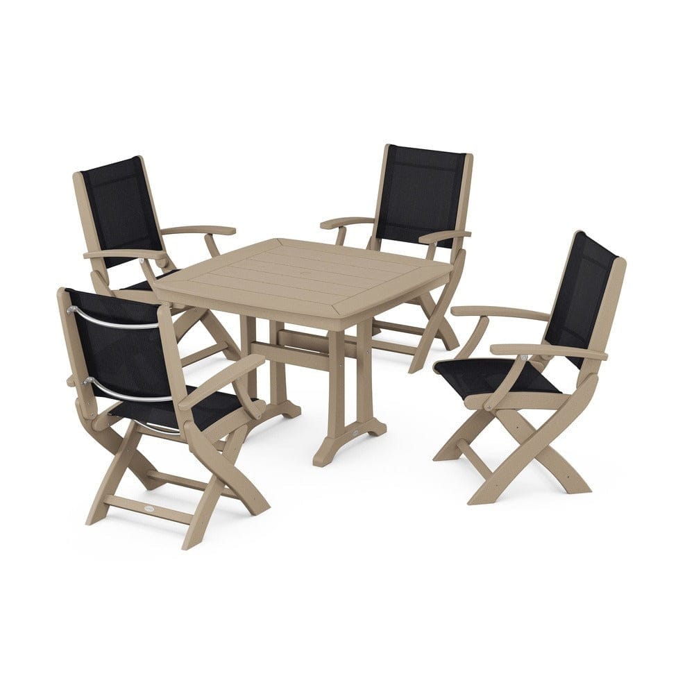POLYWOOD® Outdoor Furniture POLYWOOD® - Coastal Folding Chair 5-Piece Dining Set with Trestle Legs - PWS967