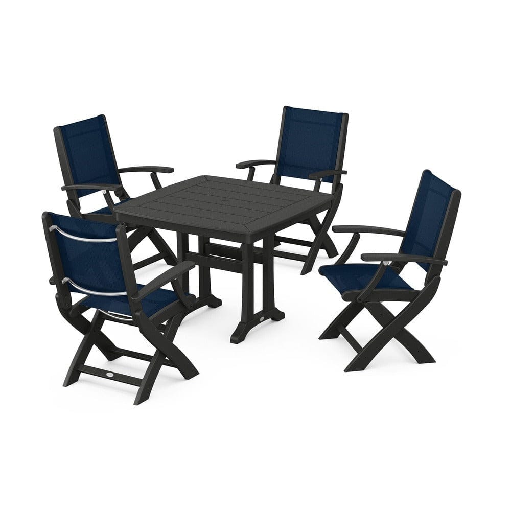 POLYWOOD® Outdoor Furniture Black / Navy Blue Sling POLYWOOD® - Coastal Folding Chair 5-Piece Dining Set with Trestle Legs - PWS967