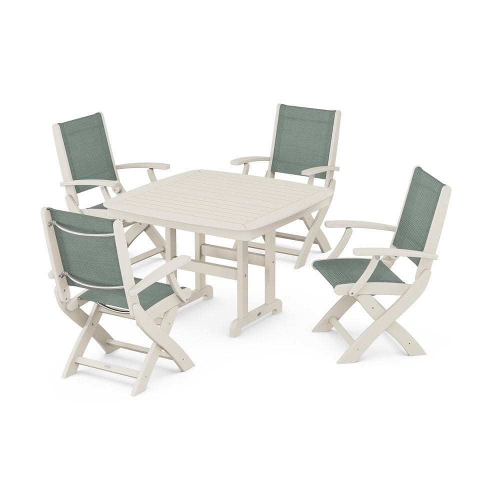 POLYWOOD® Outdoor Furniture Sand / Dupioni Sea Mist Sling POLYWOOD® - Coastal Folding Chair 5-Piece Dining Set - PWS915