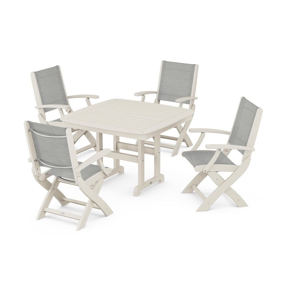POLYWOOD® Outdoor Furniture Sand / Metallic Sling POLYWOOD® - Coastal Folding Chair 5-Piece Dining Set - PWS915