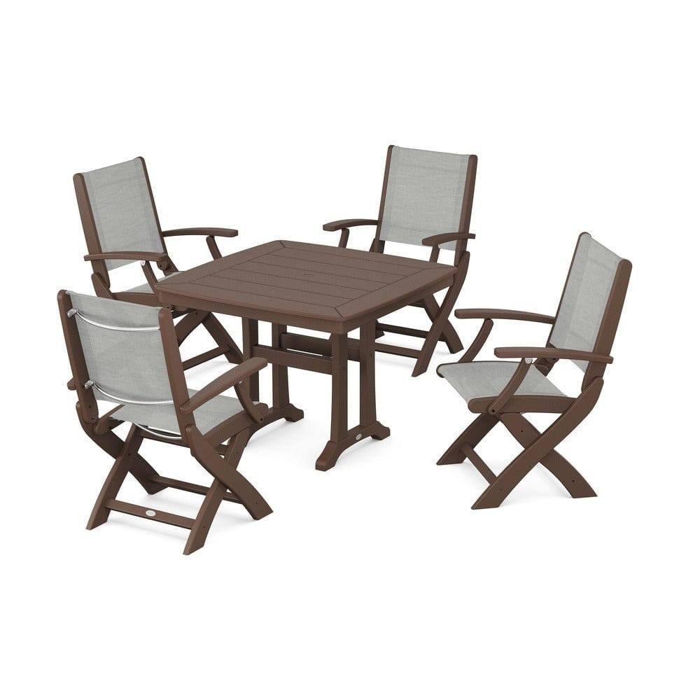 POLYWOOD® Outdoor Furniture Mahogany / Metallic Sling POLYWOOD® - Coastal Folding Chair 5-Piece Dining Set with Trestle Legs - PWS967