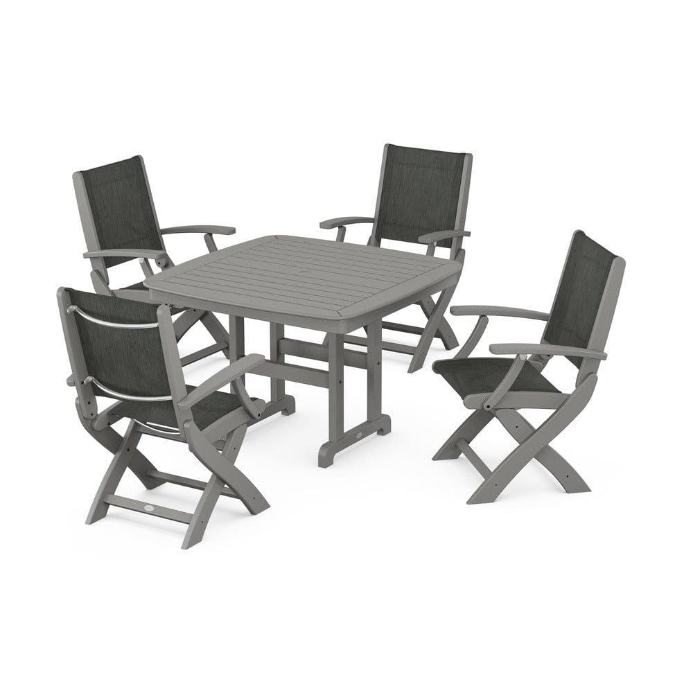 POLYWOOD® Outdoor Furniture Slate Grey / Ember Sling POLYWOOD® - Coastal Folding Chair 5-Piece Dining Set - PWS915