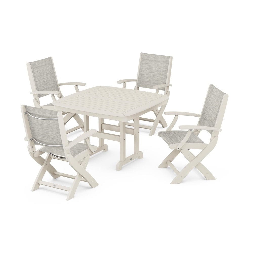 POLYWOOD® Outdoor Furniture Sand / Birch Sling POLYWOOD® - Coastal Folding Chair 5-Piece Dining Set - PWS915