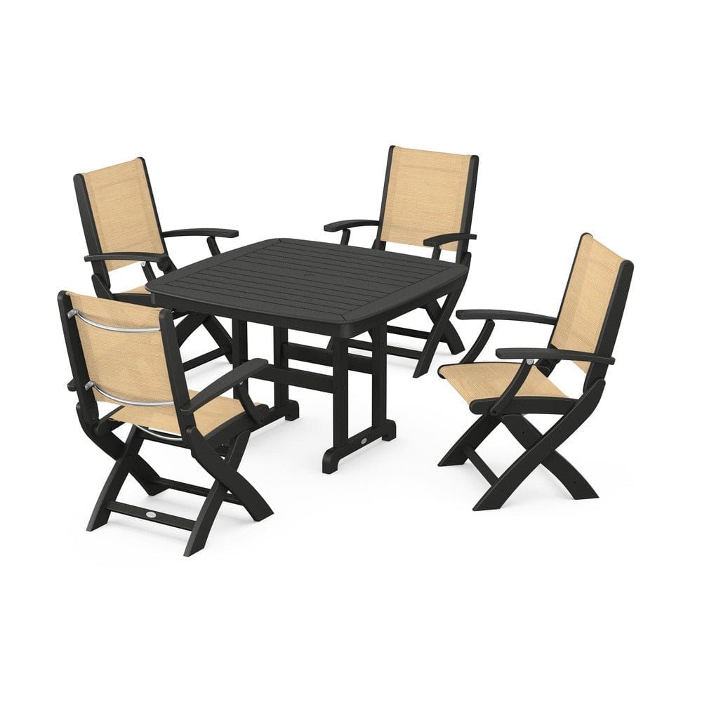 POLYWOOD® Outdoor Furniture Black / Dupioni Apricot Sling POLYWOOD® - Coastal Folding Chair 5-Piece Dining Set - PWS915
