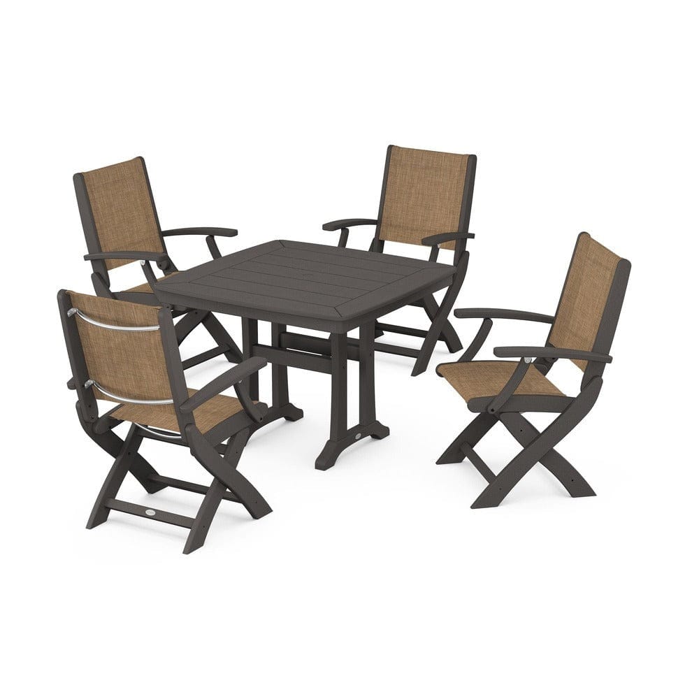 POLYWOOD® Outdoor Furniture Vintage Coffee / Burlap Sling POLYWOOD® - Coastal Folding Chair 5-Piece Dining Set with Trestle Legs - PWS967