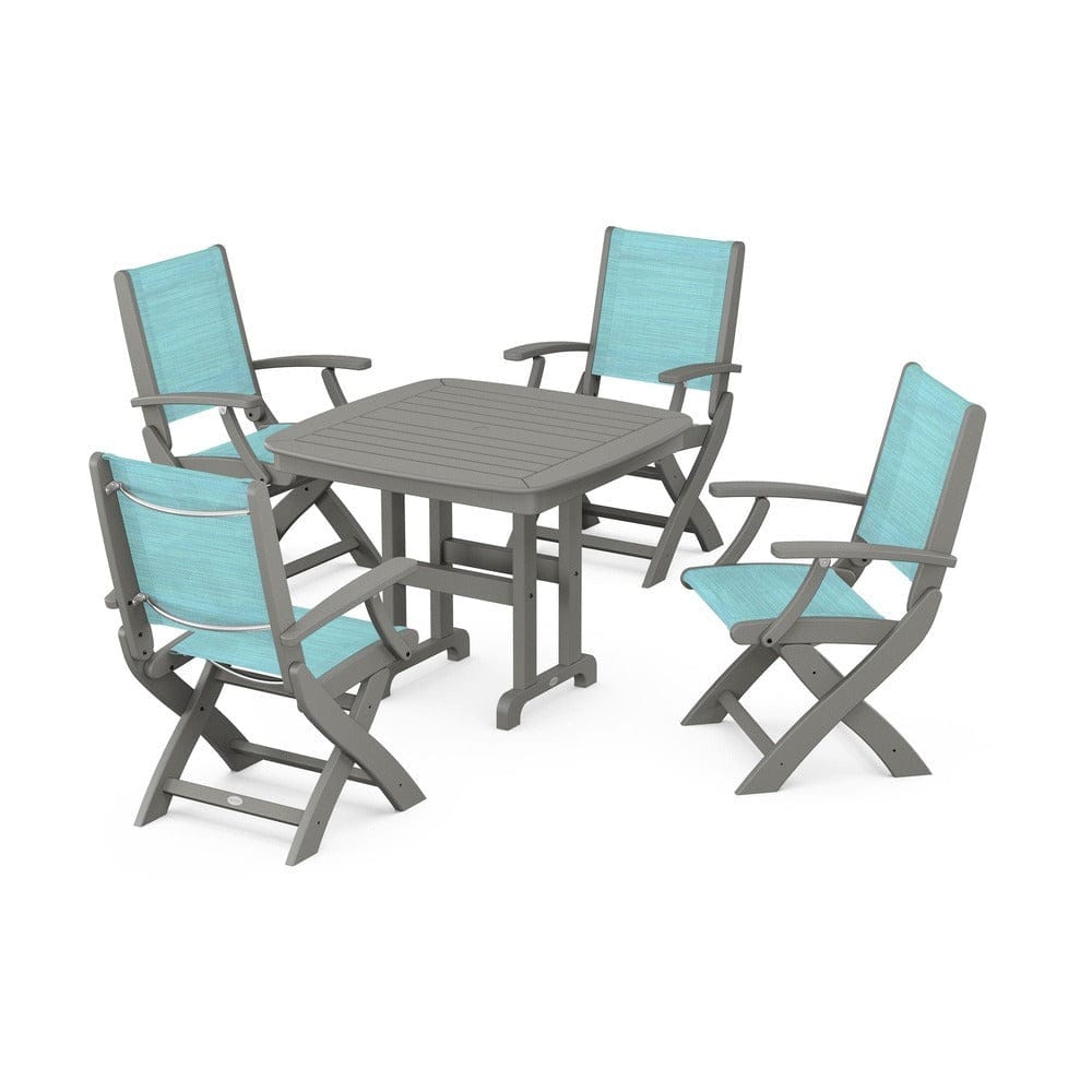 POLYWOOD® Outdoor Furniture Slate Grey / Dupioni Aquamarine Sling POLYWOOD® - Coastal Folding Chair 5-Piece Dining Set - PWS1237