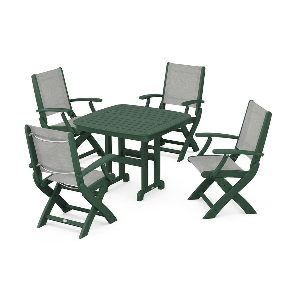 POLYWOOD® Outdoor Furniture Green / Metallic Sling POLYWOOD® - Coastal Folding Chair 5-Piece Dining Set - PWS1237