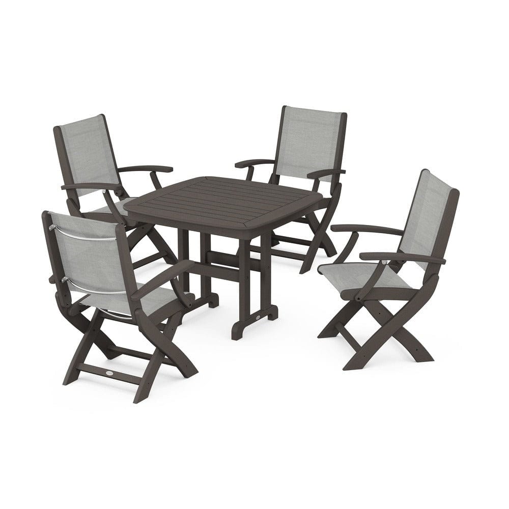 POLYWOOD® Outdoor Furniture Vintage Coffee / Metallic Sling POLYWOOD® - Coastal Folding Chair 5-Piece Dining Set - PWS1237