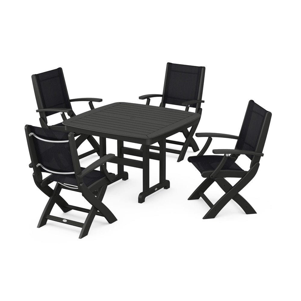 POLYWOOD® Outdoor Furniture Black / Black Sling POLYWOOD® - Coastal Folding Chair 5-Piece Dining Set - PWS915
