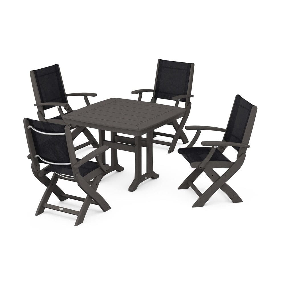POLYWOOD® Outdoor Furniture Vintage Coffee / Black Sling POLYWOOD® - Coastal Folding Chair 5-Piece Dining Set with Trestle Legs - PWS967