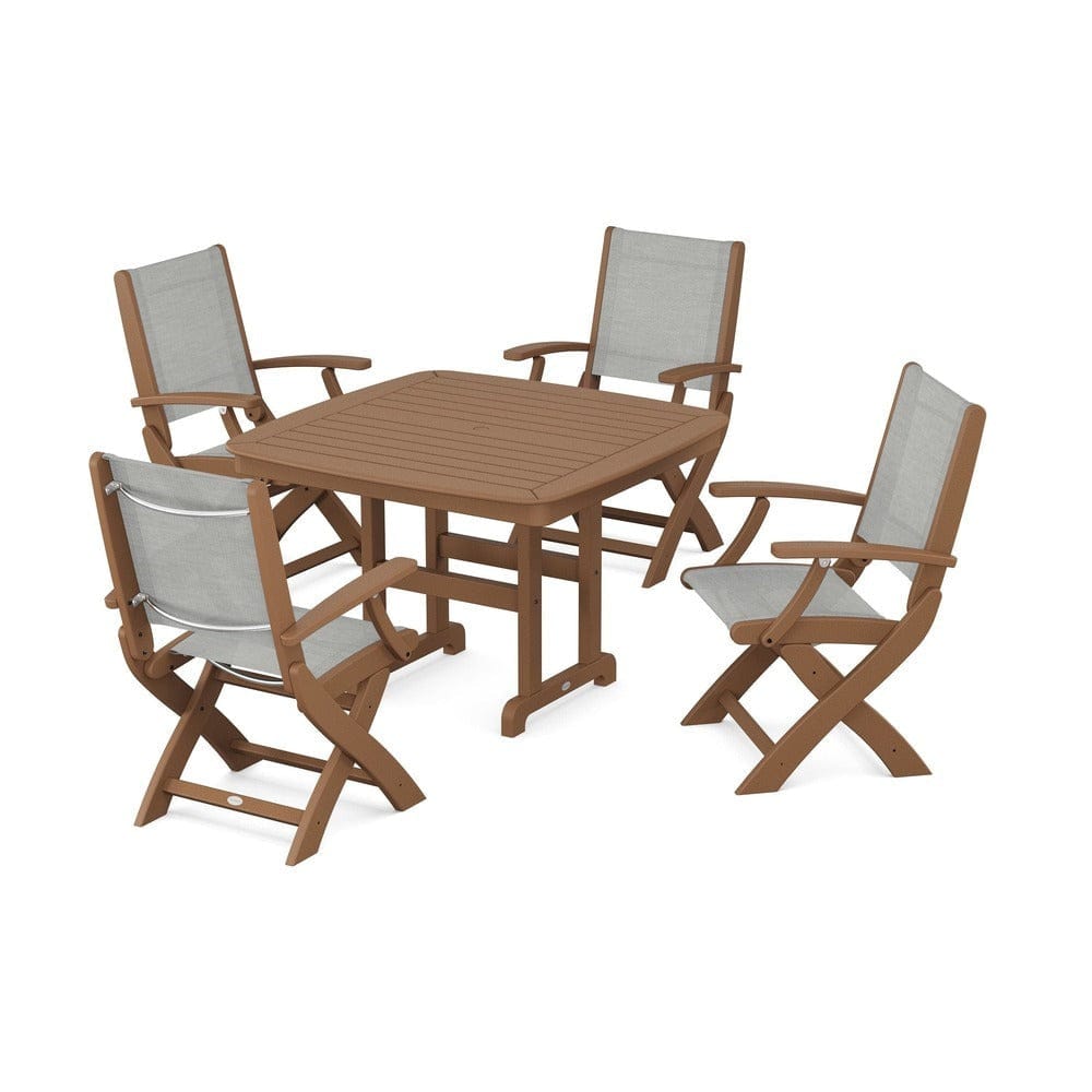 POLYWOOD® Outdoor Furniture Teak / Metallic Sling POLYWOOD® - Coastal Folding Chair 5-Piece Dining Set - PWS915