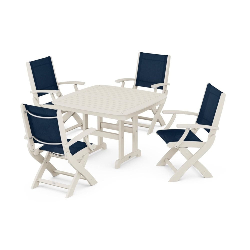 POLYWOOD® Outdoor Furniture Sand / Navy Blue Sling POLYWOOD® - Coastal Folding Chair 5-Piece Dining Set - PWS915
