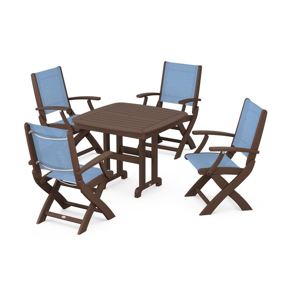 POLYWOOD® Outdoor Furniture Mahogany / Poolside Sling POLYWOOD® - Coastal Folding Chair 5-Piece Dining Set - PWS1237