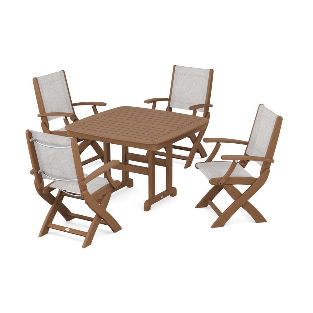 POLYWOOD® Outdoor Furniture Teak / Parchment Sling POLYWOOD® - Coastal Folding Chair 5-Piece Dining Set - PWS915