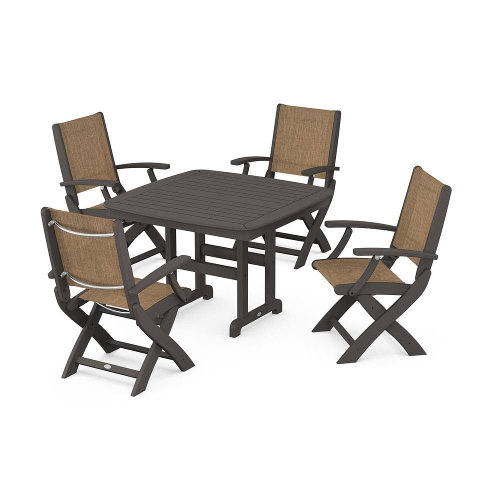 POLYWOOD® Outdoor Furniture Vintage Coffee / Burlap Sling POLYWOOD® - Coastal Folding Chair 5-Piece Dining Set - PWS915