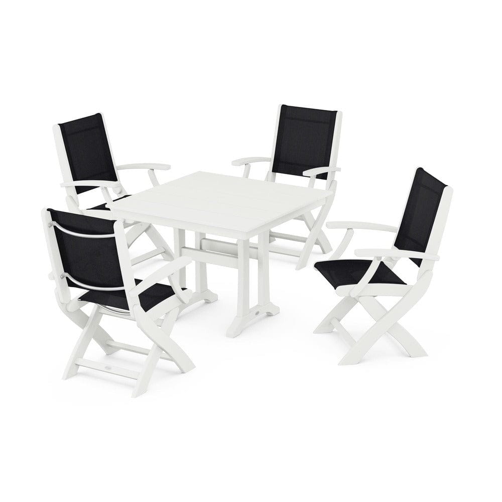POLYWOOD® - Coastal Folding Chair 5-Piece Farmhouse Dining Set With Trestle Legs - PWS945