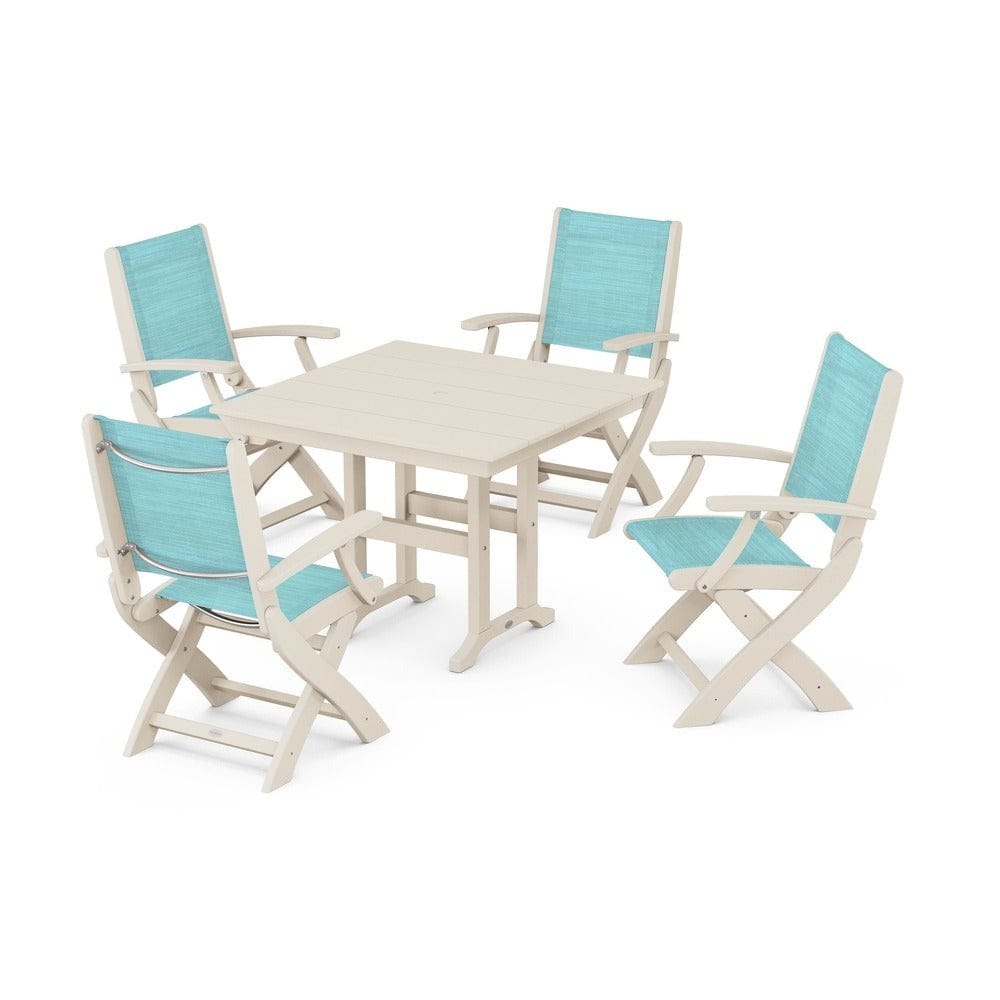 POLYWOOD® Outdoor Furniture Sand / Dupioni Aquamarine Sling POLYWOOD® - Coastal Folding Chair 5-Piece Farmhouse Dining Set - PWS1142