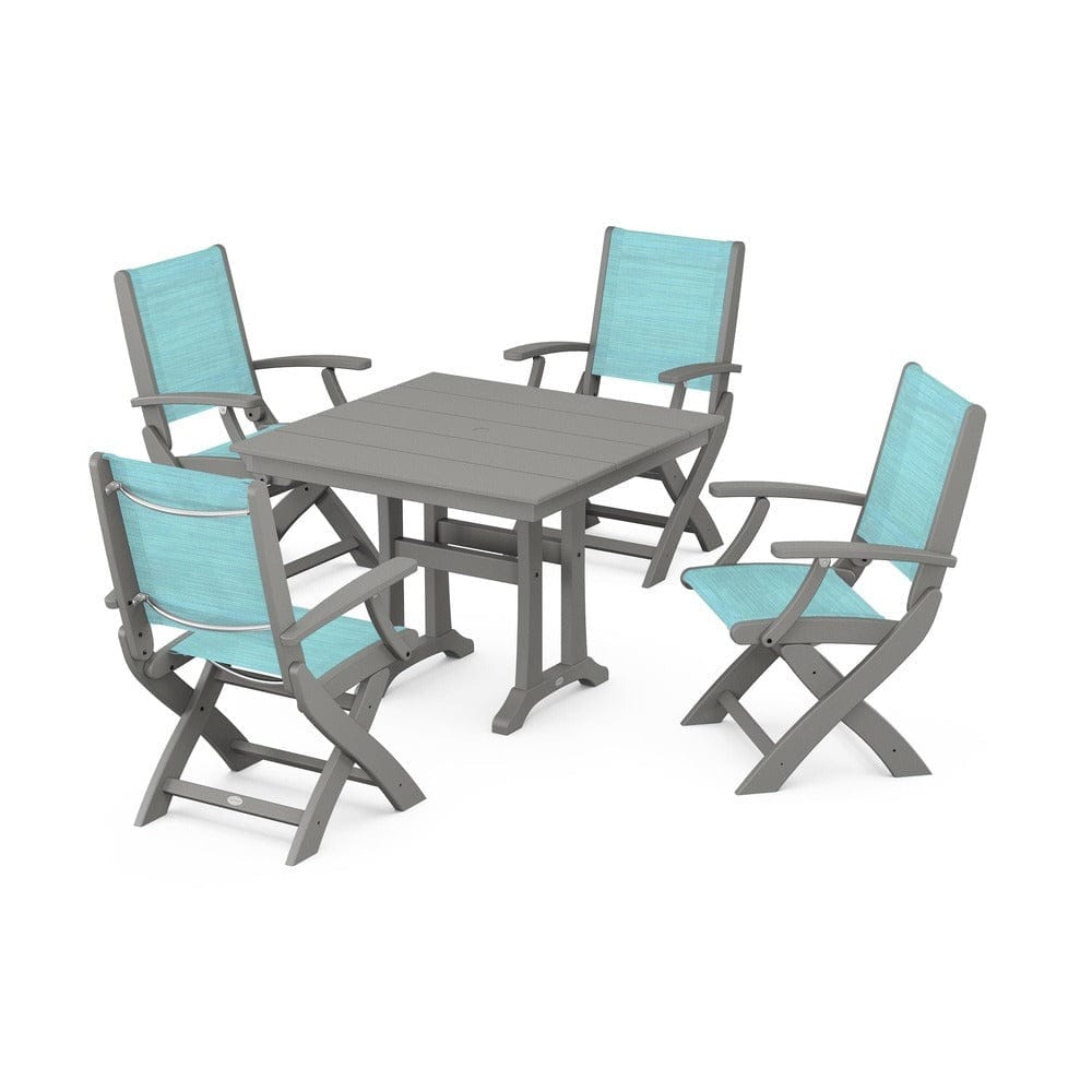 POLYWOOD® Outdoor Furniture Slate Grey / Dupioni Aquamarine Sling POLYWOOD® - Coastal Folding Chair 5-Piece Farmhouse Dining Set With Trestle Legs - PWS945
