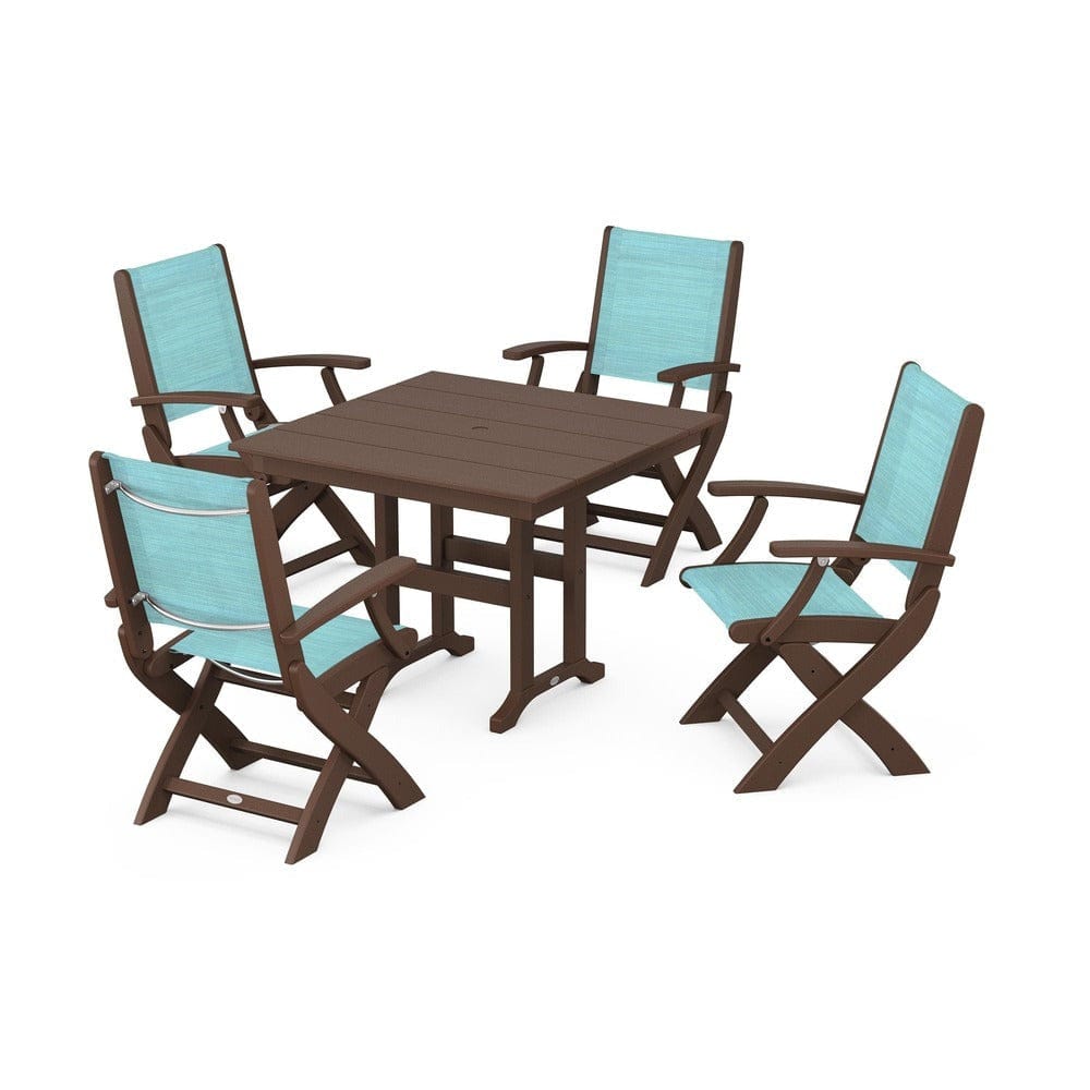 POLYWOOD® Outdoor Furniture Mahogany / Dupioni Aquamarine Sling POLYWOOD® - Coastal Folding Chair 5-Piece Farmhouse Dining Set - PWS1142