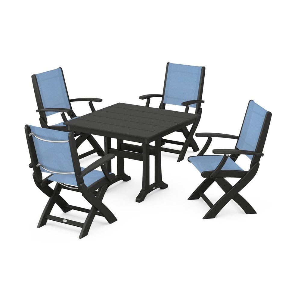 POLYWOOD® Outdoor Furniture Black / Poolside Sling POLYWOOD® - Coastal Folding Chair 5-Piece Farmhouse Dining Set With Trestle Legs - PWS945