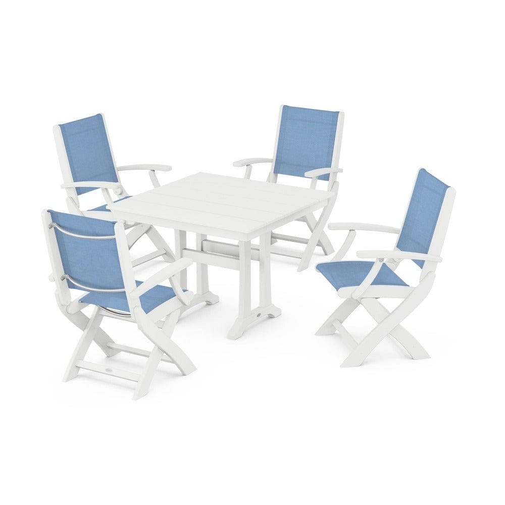 POLYWOOD® - Coastal Folding Chair 5-Piece Farmhouse Dining Set With Trestle Legs - PWS945 Outdoor Furniture POLYWOOD®
