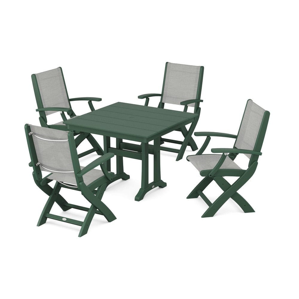 POLYWOOD® Outdoor Furniture Green / Metallic Sling POLYWOOD® - Coastal Folding Chair 5-Piece Farmhouse Dining Set With Trestle Legs - PWS945