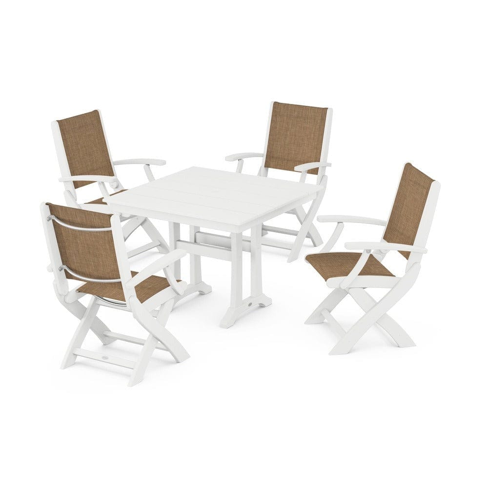 POLYWOOD® Outdoor Furniture White / Burlap Sling POLYWOOD® - Coastal Folding Chair 5-Piece Farmhouse Dining Set With Trestle Legs - PWS945