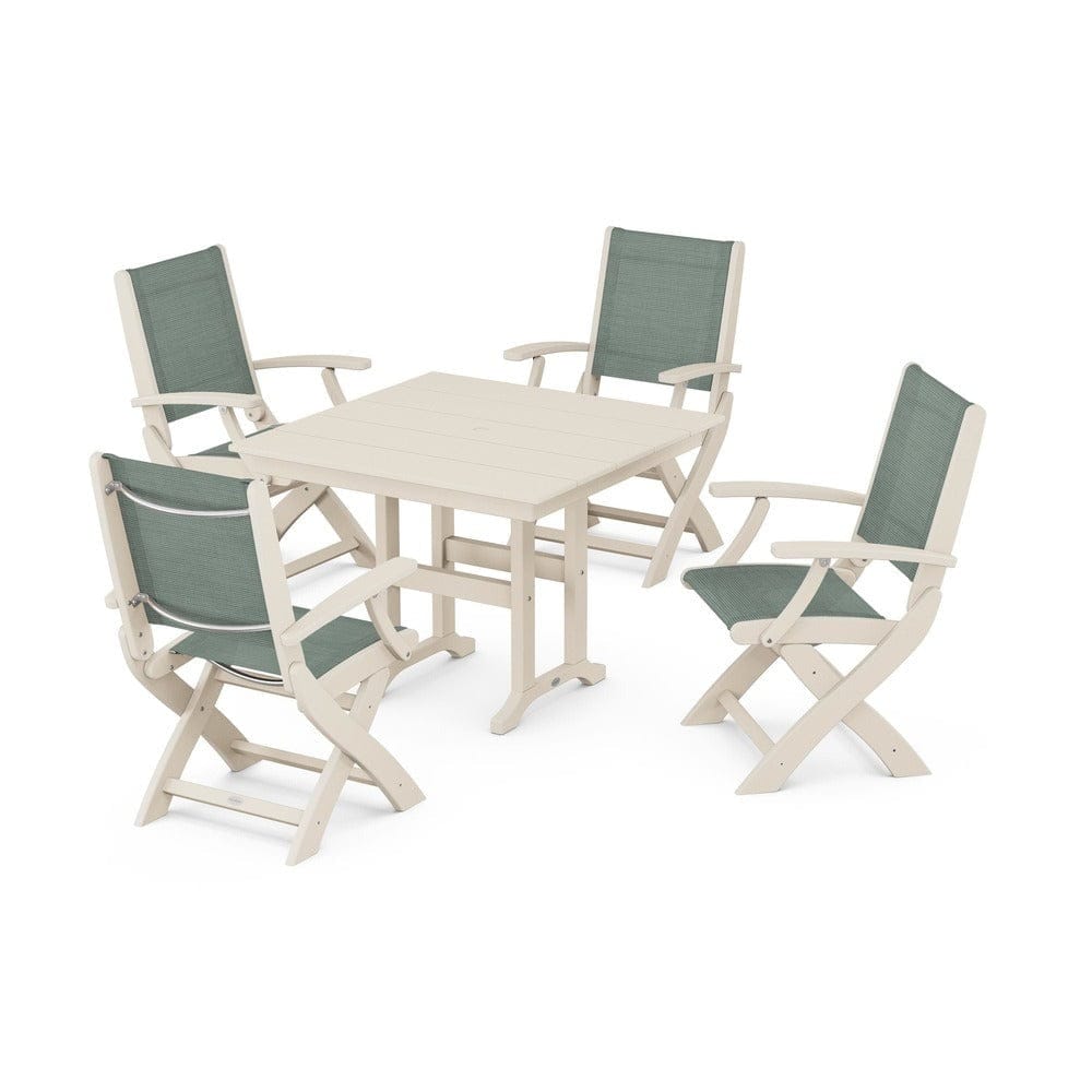 POLYWOOD® Outdoor Furniture Sand / Dupioni Sea Mist Sling POLYWOOD® - Coastal Folding Chair 5-Piece Farmhouse Dining Set - PWS1142